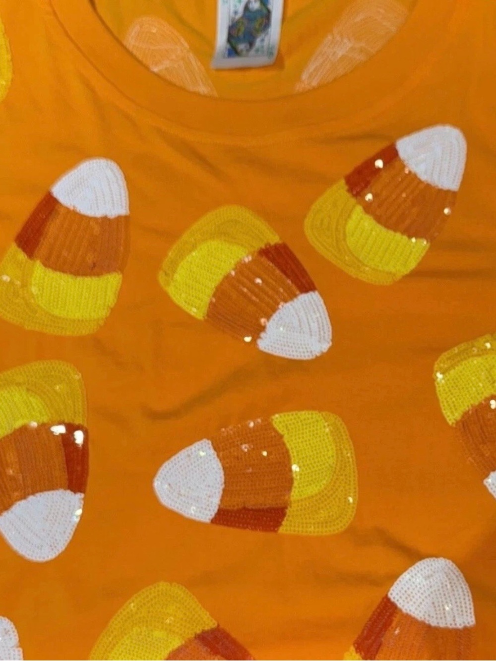 🎃Fabulous Queen Of Sparkles L (Oversized) Candy Corn Sequined Tee EUC - Picture 2 of 10